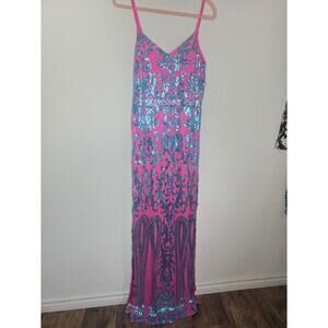 NWT Hot pink and blue sequins and mesh long formal dress